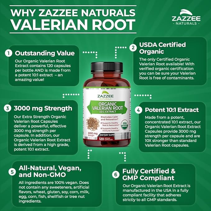 Zazzee USDA Organic Valerian Root 10:1 Extract, 3000 mg Strength, 120 Vegan Capsules, 4 Month Supply, Valeriana officinalis, 10X Potency, 100% Vegetarian, All-Natural, Non-GMO, Made in The USA