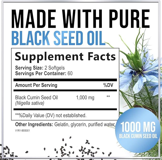 Premium Blackseed Oil 1000mg - Pure Nigella Sativa Black Seed with Thymoquinone (Non-GMO & Vegan) for Skin & Immune Support, Best Extraction Above Cold Pressed, Black Cumin Seed Oil - 120 Softgels
