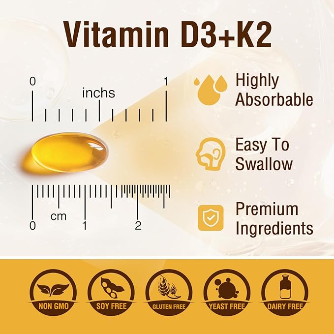 Vitamin D3 K2 Supplement with MCT Oil, Vitamin D3 5000 IU and K2 100 mcg Softgel, Bone and Heart Health Support Supplement, Gluten Free - 90 Count Softgels