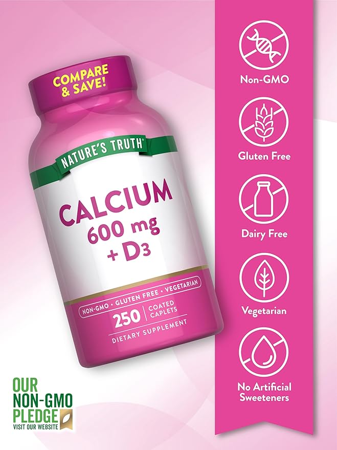 Nature's Truth Calcium 600mg with Vitamin D3 | 250 Caplets | Calcium Carbonate | Vegetarian, Non-GMO & Gluten Free Supplement