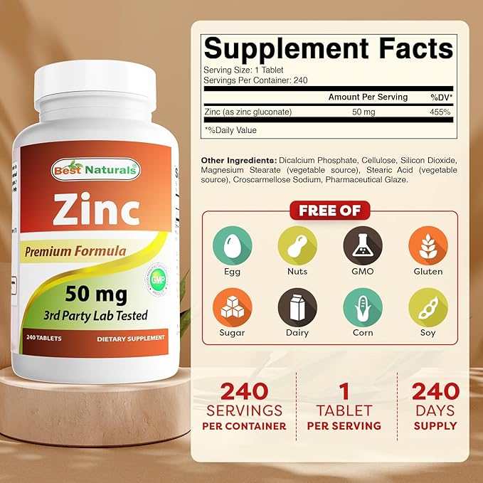 Best Naturals Zinc Supplement as Zinc Gluconate 50mg 240 Tablets Pack of 3