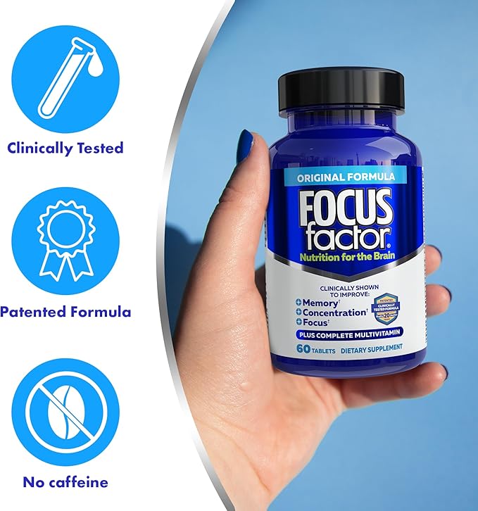 Focus Factor Nutrition for The Brain, Improved Memory & Concentration Brain Supplement, Complete Multivitamin with Vitamins B6, B12, D, Bacopa Monnieri & Tyrosine, 60 Count