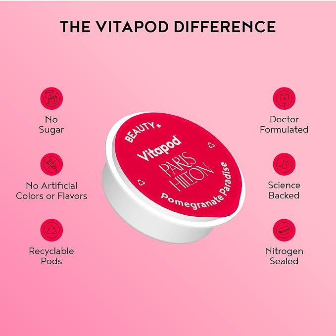 Vitapod Paris Hilton x Beauty+ Pomegranate Paradise Functional Drink Mix, 7 Pods, Sugar-Free, 10 Calories, Collagen, Biotin, Zinc, Vitamins for Youthful, Glowing Skin