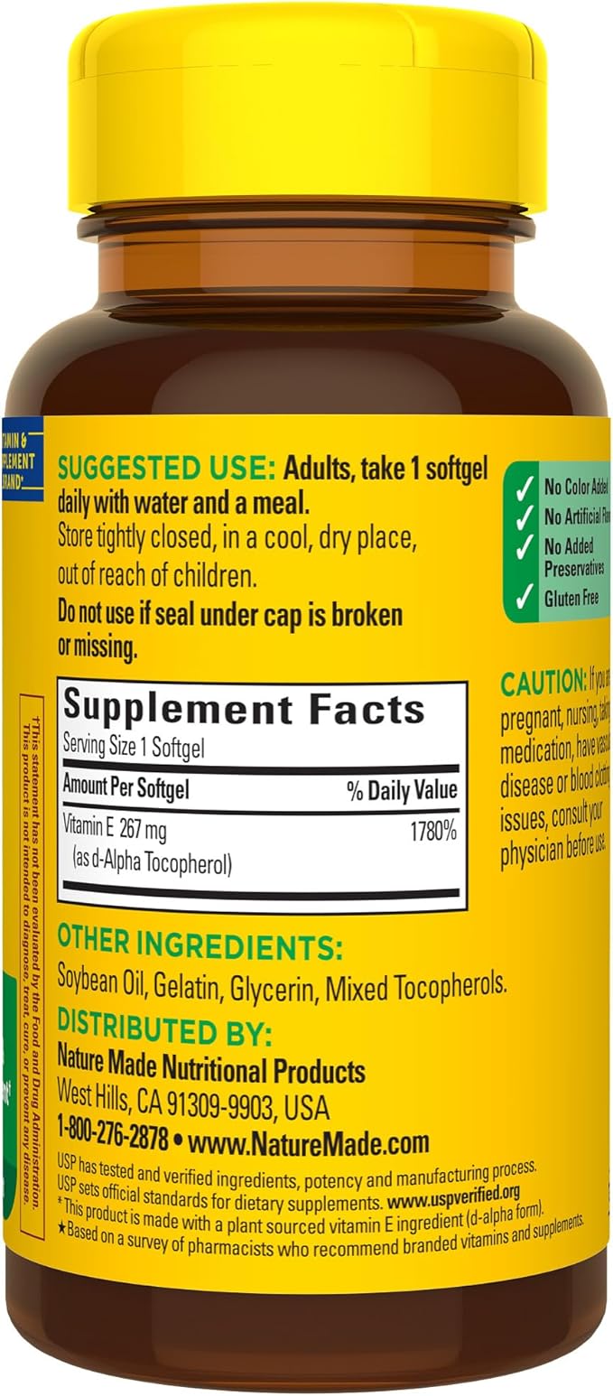 Nature Made Vitamin E 267 mg (400 IU) d-Alpha, Dietary Supplement for Antioxidant Support, 100 Softgels, 100 Day Supply