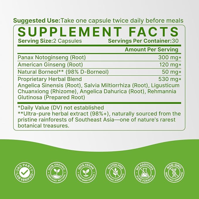 Heart & Brain Support - Inspired by Chinese Herbal Wisdom - A Circulation Supplement for Heart Health, Memory and Focus - with Notoginseng & Salvia - Made in USA - 60 Vegan Capsules