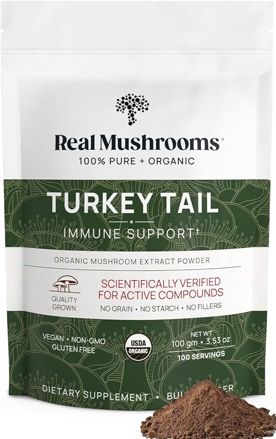 Real Mushrooms Turkey Tail Powder - Organic Mushroom Supplement with Potent Extract for Gut, Energy, Brain, Immune Support Vegan Powder, Non-GMO, 100 Servings