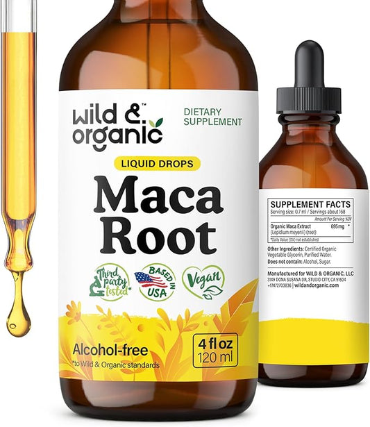 Wild & Organic Maca Root Liquid Drops for Men & Women - Peruvian Maca Tincture for Overall Support - Vegan, Sugar & Alcohol-Free Supplement - 4 fl oz