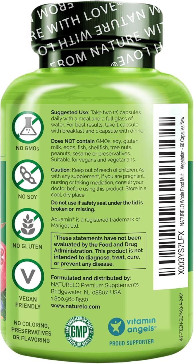 NATURELO Teen Multivitamin - Whole Food Multivitamin for Teenage Boys - Minerals Supplement for Active Kids - with Plant Extracts - Non-GMO - Vegan & Vegetarian - 60 Capsules