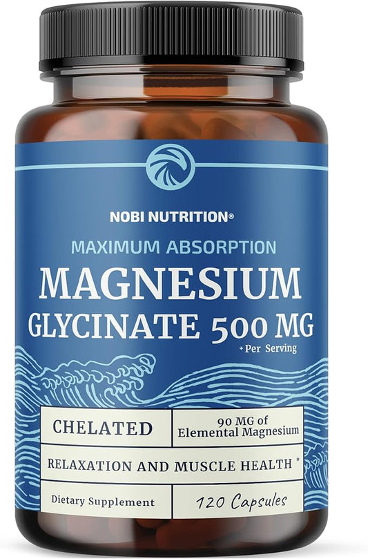 Magnesium Glycinate 500mg | High Absorption | Chelated for Muscle Relaxation, Bones, Heart, Nerve, Sleep & Calm Support for Women & Men | Magnesium Chelate Supplement & Bisglycinate Complex | 120ct