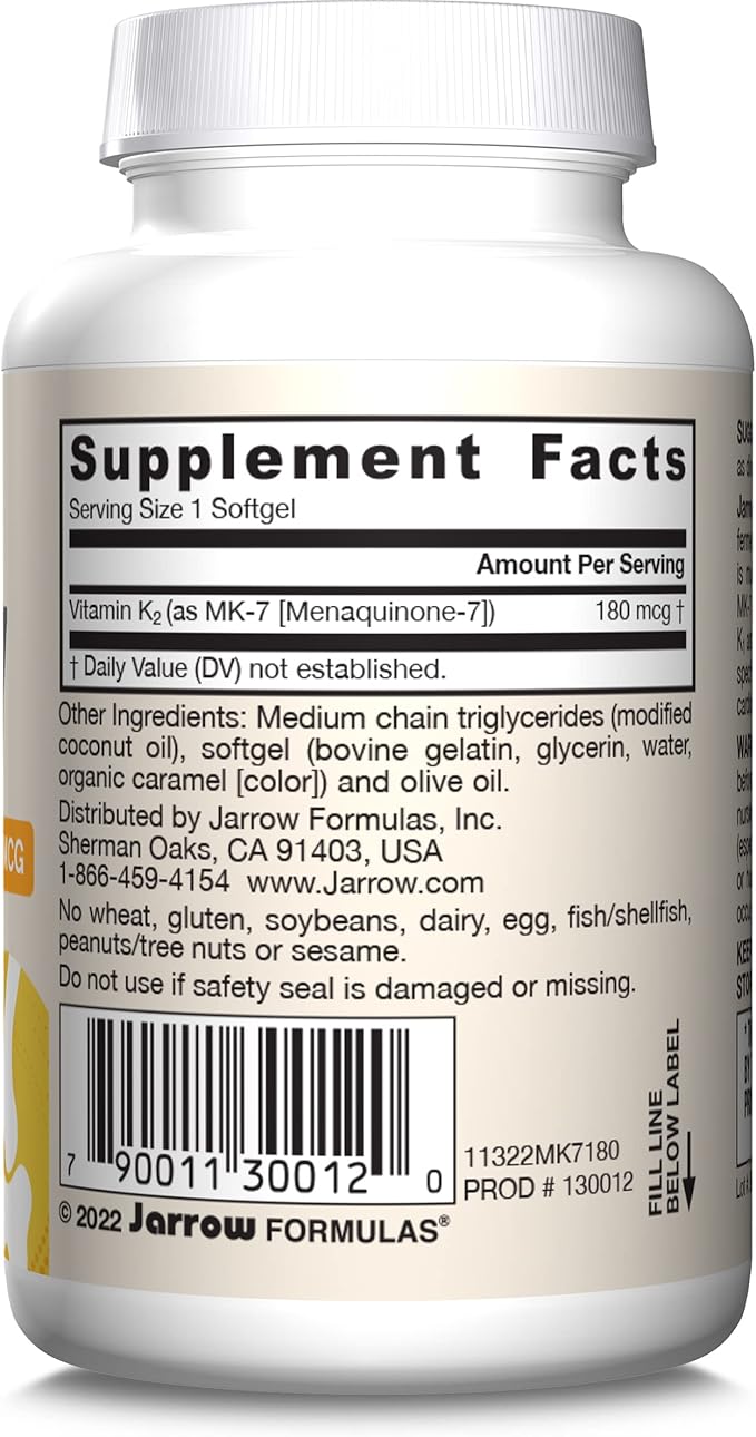 Jarrow Formulas® MK-7 180 mcg, Bioactive Form of Vitamin K2 For Bone and Cardiovascular Health, Vitamin K2 MK-7 Dietary Supplement, 30 Softgels, 30 Day Supply