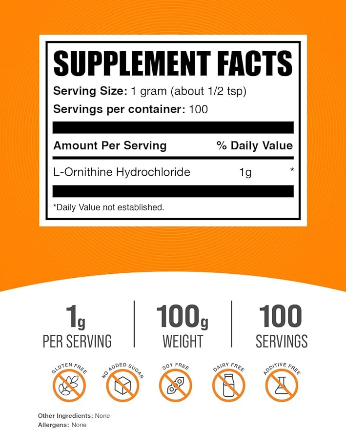 BulkSupplements Pure L-Ornithine HCL Powder (100 grams)