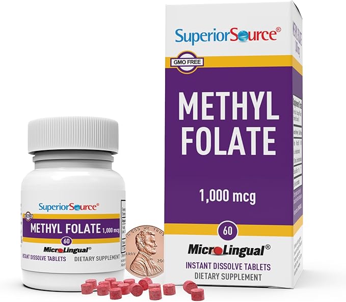 Superior Source Methyl Folate 1,000 mcg - Folate Supplement for Women & Men - Methylated Folate Supplement Supports Healthy Nervous System & Red Blood Cells - 60 Sublingual Dissolving Tablets