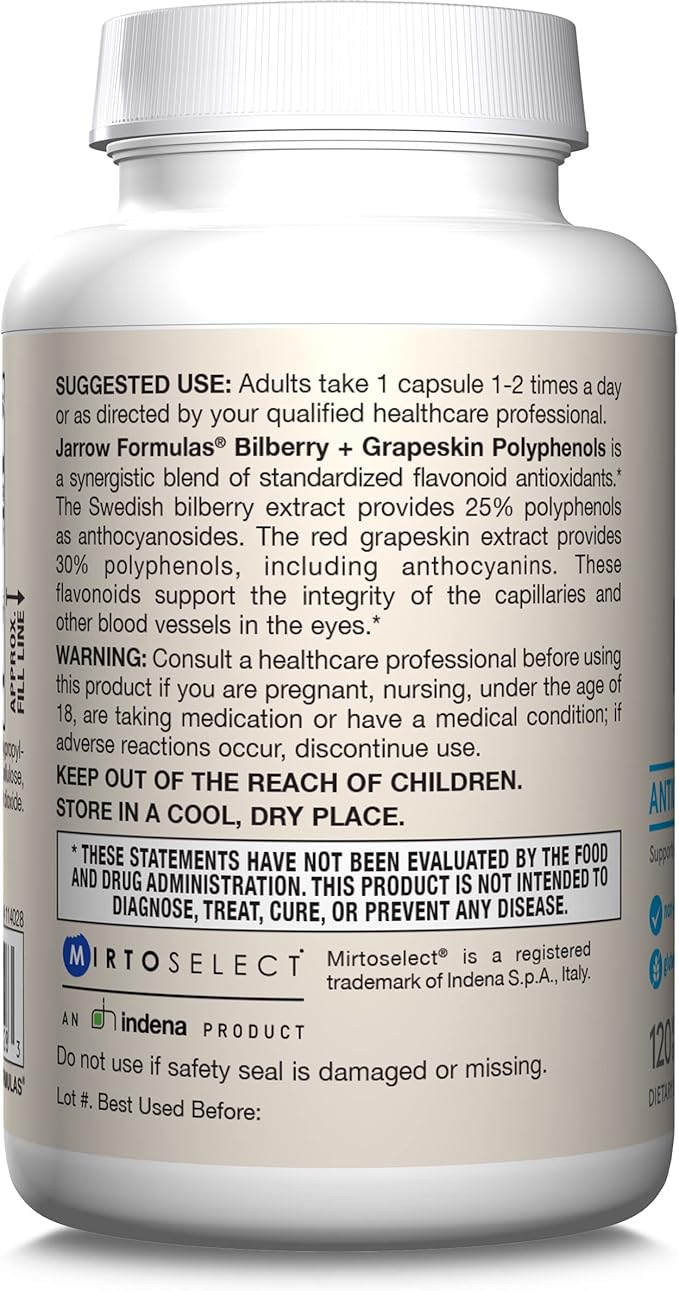 Jarrow Formulas® Bilberry + Grapeskin Polyphenols, Vision and Eye Health, 60 Veggie Capsules, Up to a 30 Day Supply