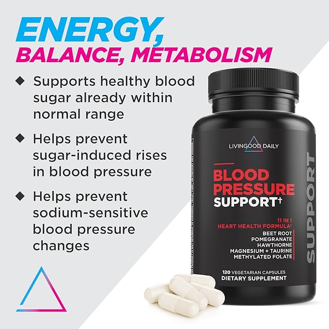 Livingood Daily Blood Pressure Support, 120 Vegetarian Capsules - Blood Pressure Supplements with Beet Root, Pomegranate, & Hawthorn Support High Blood Pressure & Heart Health - Vegan & Non-GMO