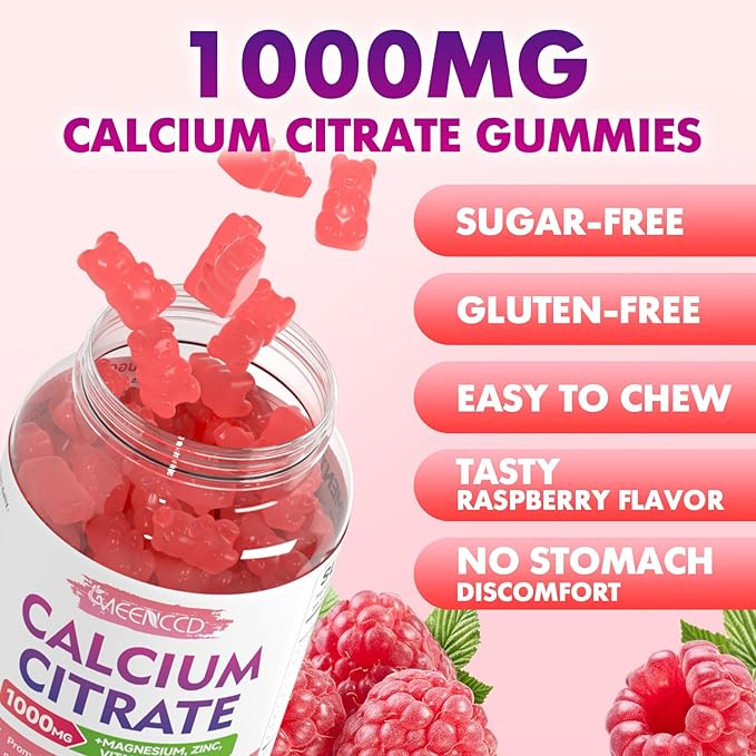 2 Pack Calcium Citrate Gummies 1000mg w/Vitamin D3, High Absorption Calcium Gummies for Women & Men, Plus Magnesium, Potassium, Zinc for Muscle & Immune, Raspberry Flavor, 120 Count