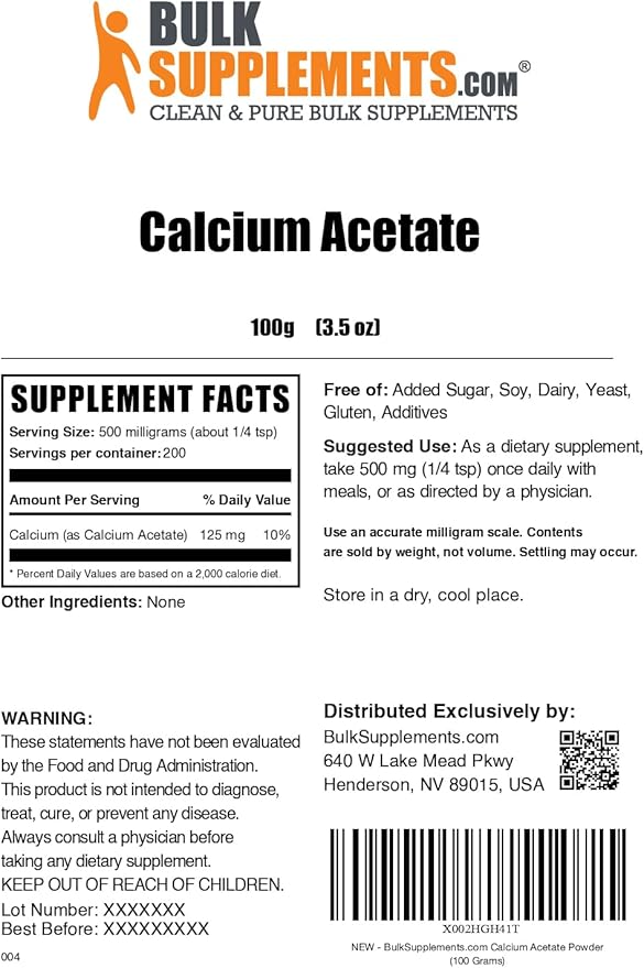 BulkSupplements.com Calcium Acetate Powder - Calcium Supplement - Food Grade & Gluten Free, 500mg (125mg Calcium) per Serving, 100g (3.5 oz) (Pack of 1)