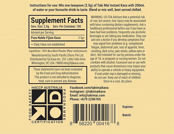 Taki Mai Instant Kava Kava Powder 250g – Premium Kava Root Powder with High Kavalactone Content – Natural Relaxation Aid for Calmness, Stress Relief, and Sleep Support – Easy-to-Mix