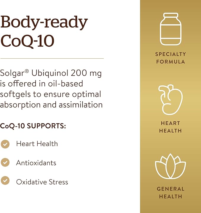 Solgar Ubiquinol 200 mg (Reduced CoQ-10), 30 Softgels - Promotes Heart & Brain Function - Supports Healthy Aging - Coenzyme Q10 - Ubiquinone Supplement - Gluten Free, Dairy Free - 30 Servings , Unflavoured, standard