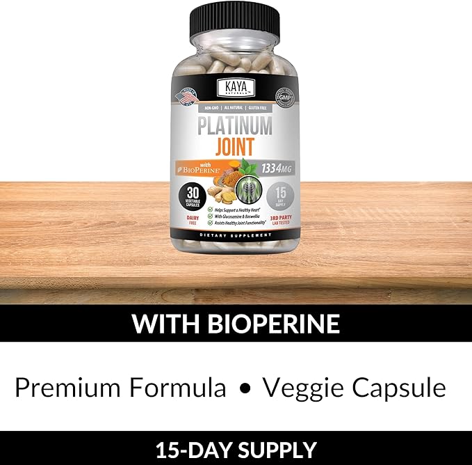 Kaya Naturals Platinum Mobility Turmeric - Bioperine, Glucosamine, Turmeric with Boswellia, Healthy Natural Mobility Support, Turmeric Curcumin 1334mg - 30 Capsules