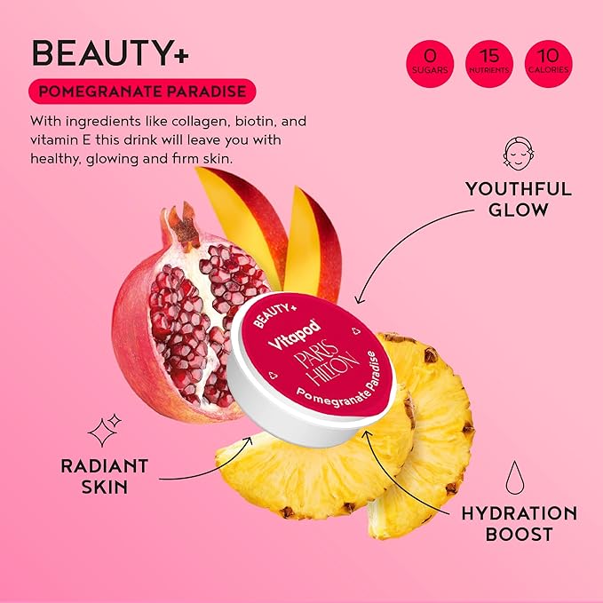 Vitapod Paris Hilton x Beauty+ Pomegranate Paradise Functional Drink Mix, 7 Pods, Sugar-Free, 10 Calories, Collagen, Biotin, Zinc, Vitamins for Youthful, Glowing Skin