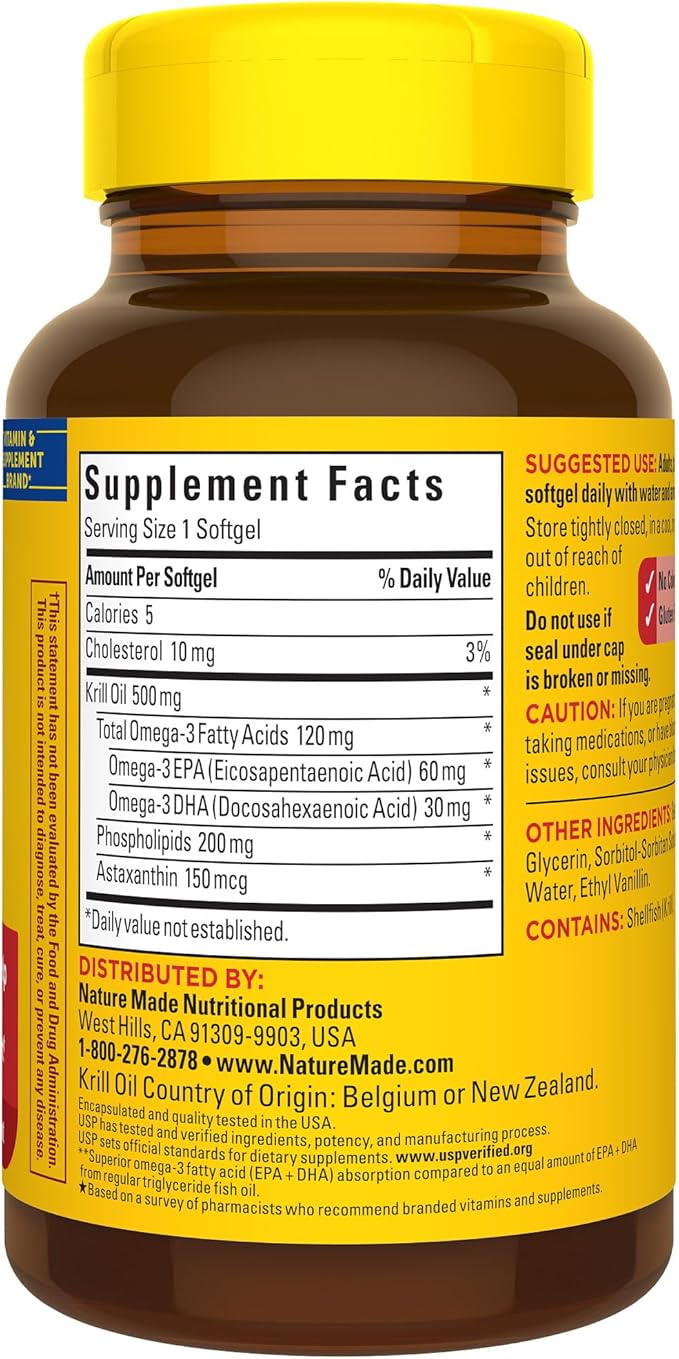 Nature Made Superior Absorption Krill Oil 500mg with Astaxanthin and Phospholipids, Omega 3 for Heart Health Support, Antarctic Krill Oil, 100 Softgels, 100 Day Supply