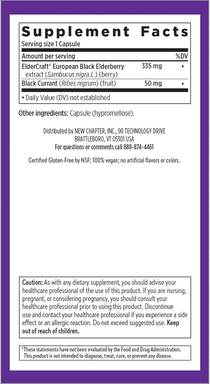 New Chapter Vegan Elderberry Capsules with 64x Concentrated Black Elderberry + Black Currant for Comprehensive Immune Support, Non-GMO Project Verified, Gluten Free, Certified Vegan, 30 Count