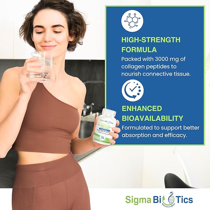 Sigma Biotics Collagen Peptides - Hydrolyzed Collagen Capsules for Hair, Skin, Nails, and Joint Support - High-Strength Collagen Supplements with Type I & III - 3000 mg per Serving - 120 Pills