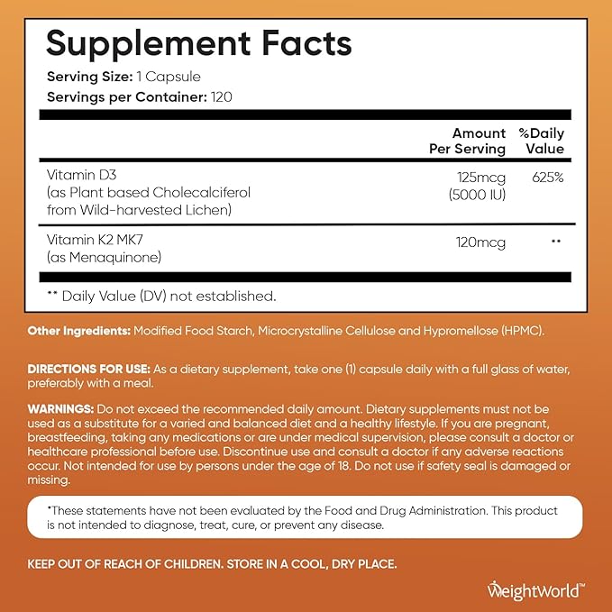 WeightWorld Vitamin D3 K2 - Vitamin D3 5000 IU (125mcg) & K2 MK7 (120mcg) - 120 Capsules (4 Months Supply) - Vegan Vitamin D Supplement for Bone Strength & Immune Health - Easy to Swallow