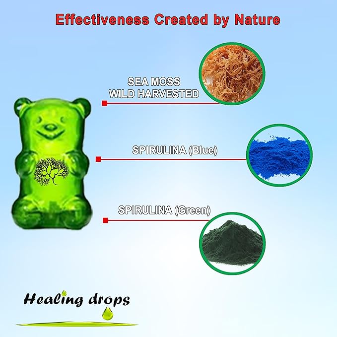 Spirulina Gummies Sea Moss Gummies - Superfood Supplement for Overall Wellness - Spirulina Sea Moss Gummy Bears Made with Blue-Green Spirulina Powder & Sea Moss Extract