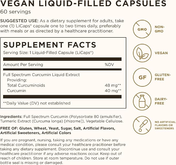 Solgar Full Spectrum Curcumin - 60 LiCaps - Superior Absorption - Brain, Joint & Immune Health - Non-GMO, Vegan, Gluten Free, Dairy Free - 60 Servings