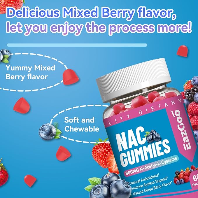 NAC Gummies 800mg, N-Acetyl Cysteine Supplement, NAC Supplement for Immune System & Antioxidant, Non-GMO, Gluten Free, Vegan - 60 Counts