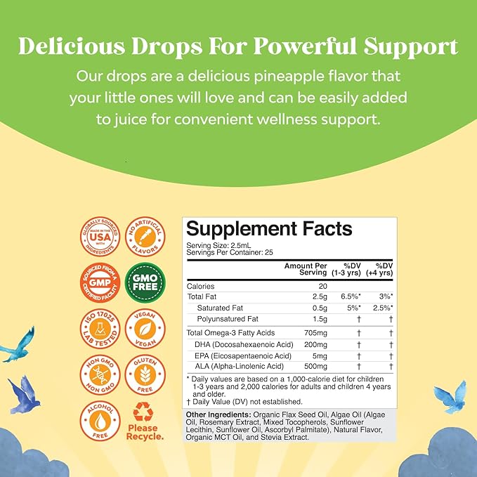 Kids DHA Omega 3 Drops - Fatty Acids Omega 3 6 9 for Brain, Immune Strength & Vision - Nutritional DHA for Kids for Healthy Nervous System & Focus Support - Liquid Supplement with EPA & ALA - 2 Fl Oz