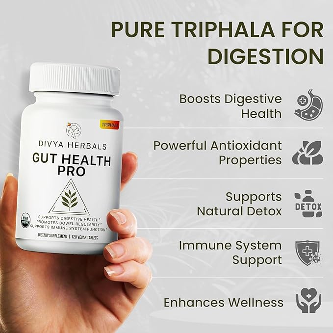 Gut Health Pro - Bloat Relief, Detox & Digestive Support - 100% Pure Organic Triphala Supplement - for Women & Men - Uncoated Vegan Tablets -120Ct