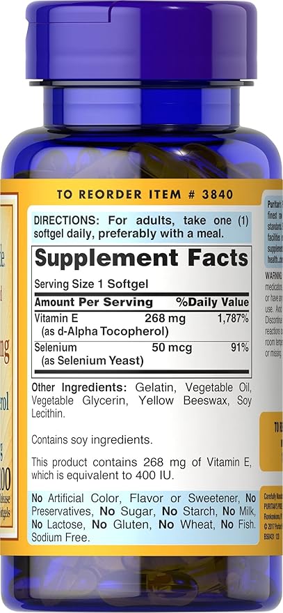 Puritan's Pride Vitamin E-with Selenium 400 IU Natural 100 RR Softgels