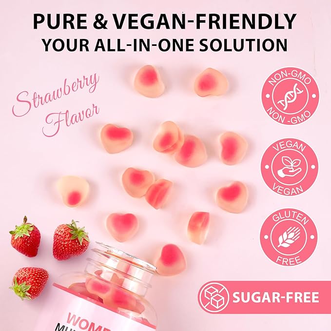 Womens Multivitamin Gummy with Vitamins A, C, D, E, K, B6, B12, Multivitamins for Women, Support Energy Beauty Immune, Hair & Nails, Skin Care, Strawberry Flavor, Sugar Free (120 Gummies)