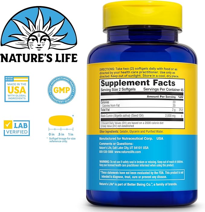 Nature's Life Black Seed Oil 2000mg - Nigella Sativa Oil, Cold Pressed from Black Seeds - w/Thymoquinone, Omega 6 9 - Joint Support, Digestion, Immune Support - 60-Day Guarantee, 45 Serv, 90 Softgels