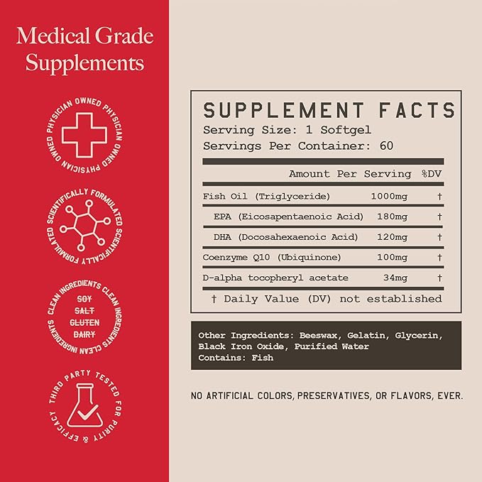 High Level Science Omega 3, CoQ10, Vitamin E for Heart + Body + Mind with DHA/EPA, Antioxidant Supplement for Energy Production, Superior Bioavailable Triglyceride Form - Gluten Free, 60 Softgels