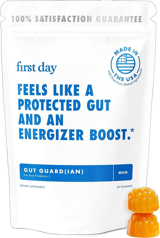 FIRST DAY Men’s Gut Guardian Tribiotic Gummies – 3-in-1 Prebiotic, Probiotic & Postbiotic Supplement – Supports Digestive & Oral Health, Immune Function & Energy Levels – 30-Day Supply
