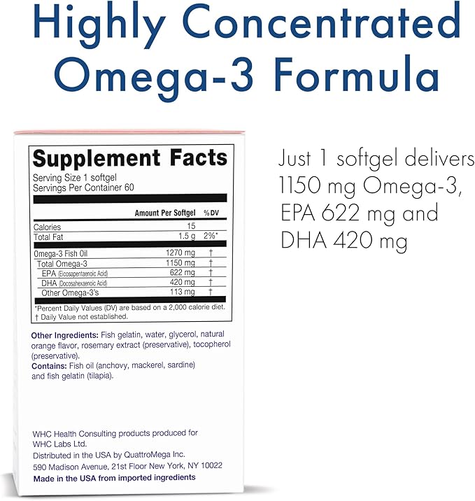 WHC, UnoCardio X2 Fish Oil, Triglyceride Omega-3 Fatty acids, 1270 mg Fish Oil Supplement (622 mg EPA / 420 mg DHA/Total 1150 mg of Omega-3 per Serving), Natural Orange, 60 softgels