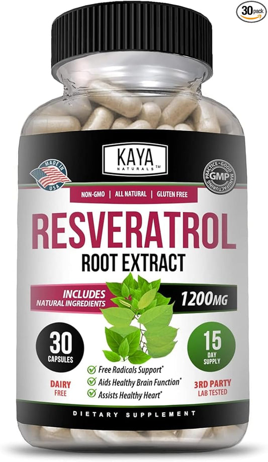 Kaya Naturals - Resveratrol Capsules - Anti Aging Supplement - Antioxidants with Brain Support - Maximum Benefits - 30 Veggies Capsules