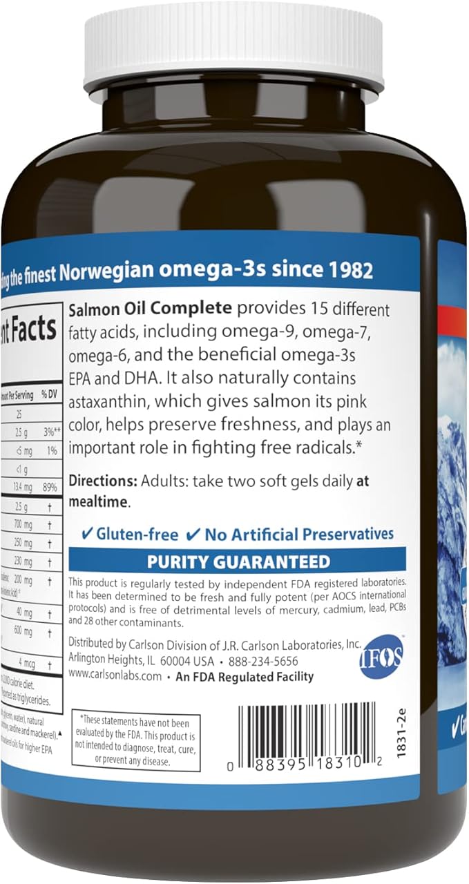 Carlson - Salmon Oil Complete, 700 mg Omega-3s + Astaxanthin, Cardiovascular Support, Brain Function & Joint Health, 120 soft gels