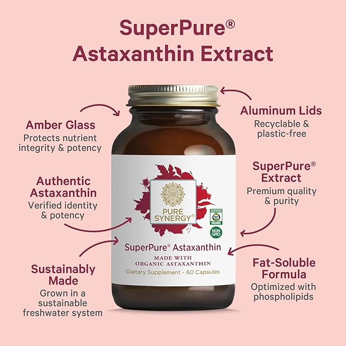 PURE SYNERGY SuperPure Astaxanthin Extract | Organic Astaxanthin from Algae with Sunflower Lecithin | Antioxidant Support for Skin and Eye Health (60 Capsules)