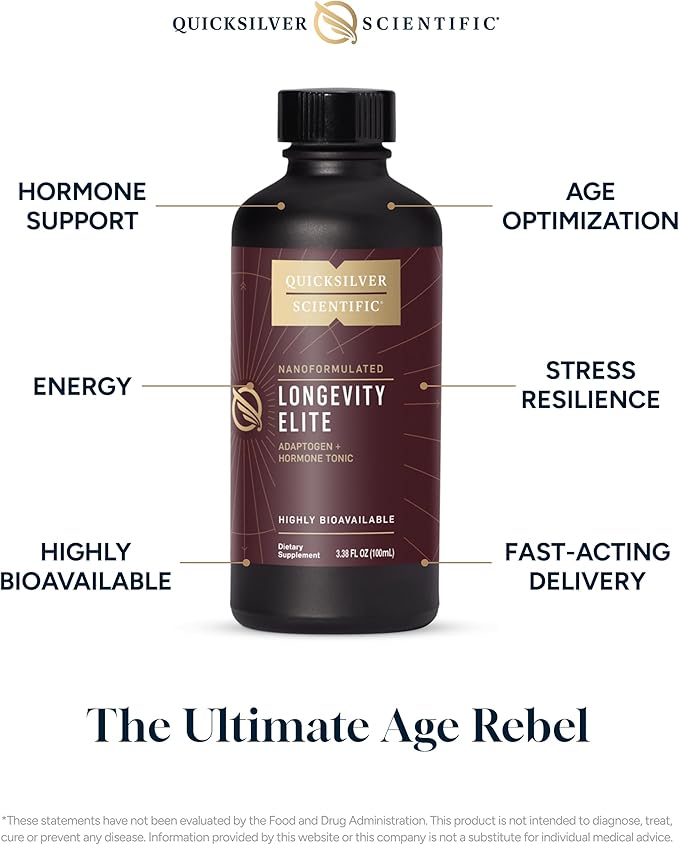 Quicksilver Scientific Longevity Elite - Liposomal Adaptogen + Pregnenolone Tonic - Herbal Supplements Designed for Age Optimization Support While Targeting AMPK, Sirtuins + Telomeres (100ml)
