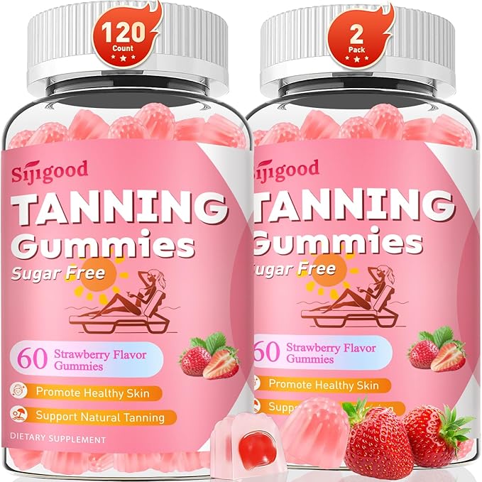 2 Pack Tanning Gummies - Sugar Free Daily Tanning Gummies for Woman & Men, Self Tanning Melanin Supplements with Lycopene & Astaxanthin for Skin Health, Strawberries Flavor, 120 Count