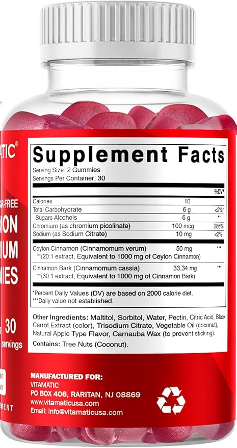 Vitamatic Sugar-Free Chromium Gummies with Ceylon Cinnamon – 2000 mg Equivalent Per Serving (from Extract 83 mg) – Non-GMO, Gluten-Free – 60 Vegan Gummies – 2 Pack