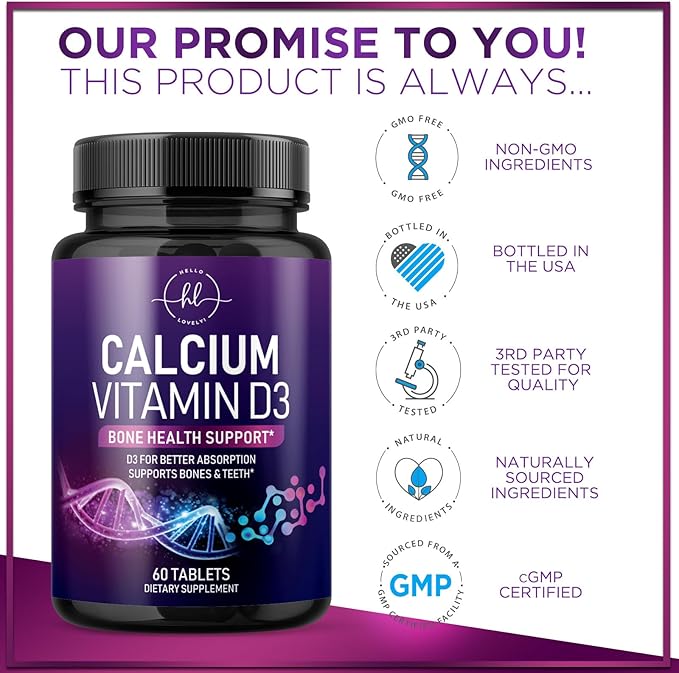 Calcium Supplements for Women 1200 mg Plus 1600 IU Vitamin D3, Bone Health, Teeth & Immune Support - Mineral Supplement with Vitamin D High Absorbable Premium Calcium Carbonate - 60 Tablets
