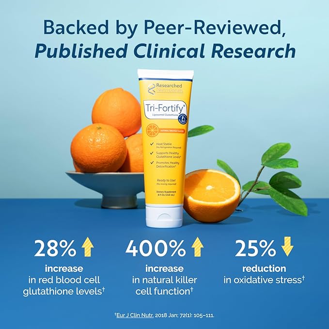 Researched Nutritionals Liposomal Glutathione (450mg) Liquid Gel + Vitamin C - Tri-Fortify - Aid Natural Energy, Immune Support & Detox - Clinically Researched for Absorption - Orange (5 Fl Oz)