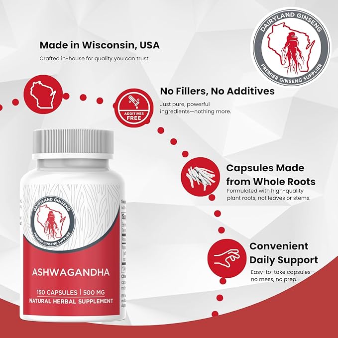 Dairyland Management Ashwagandha Capsules 150ct - 1000 mg per Serving Max Strength Ashwagandha Root Powder - Herbal Supplements and Extract