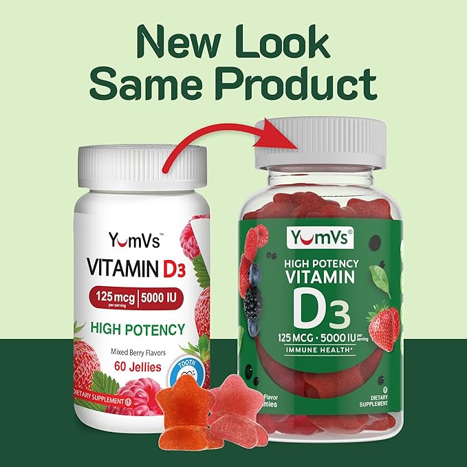 YUM-V'S Vitamin D3 Jellies, Vitamin D 5000 IU, Daily Dietary Supplement, Mixed Berry Flavor Chewable Jellies, Vegetarian, Gluten-Free and Kosher Halal - 60 Count