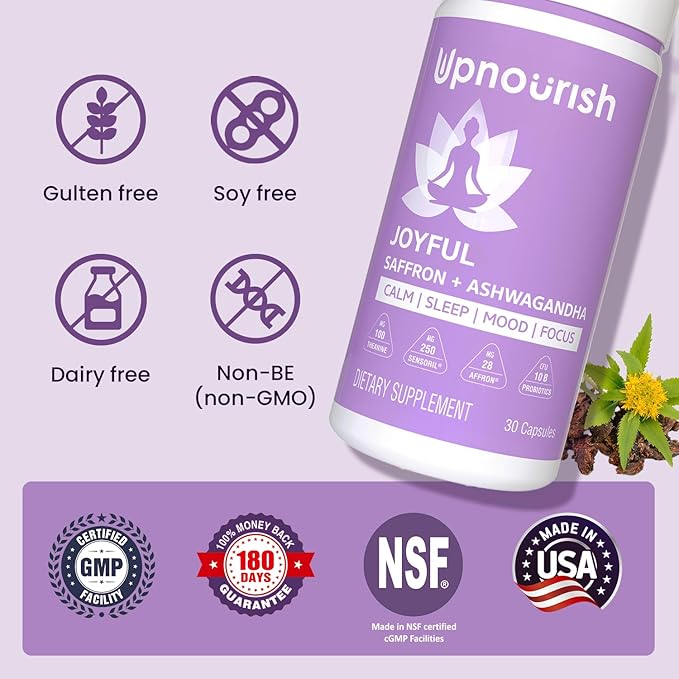 UpNourish Organic Ashwagandha Saffron Supplements with Probiotics - Stress Relief, Mood Enhancer, Calm Happy Pills Support Fatigue Focus Clarity with L-Theanine, Rhodiola, 30 Vegan Capsules